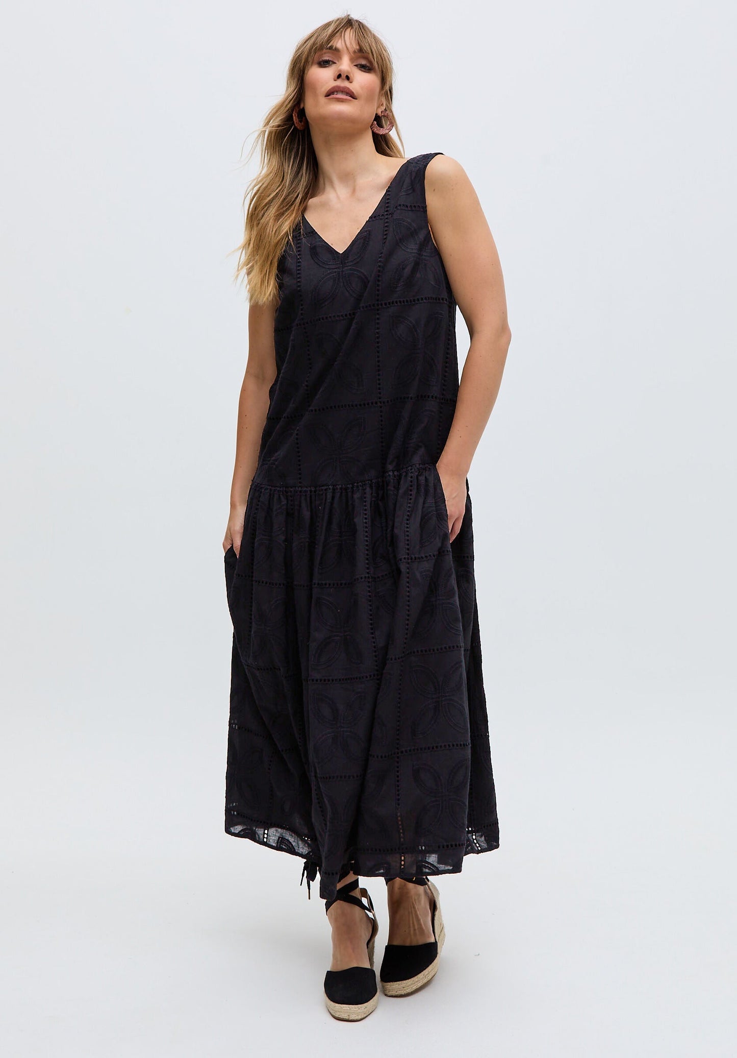 Squire All Over Cut Work Drop Waist Midi Dress In Black