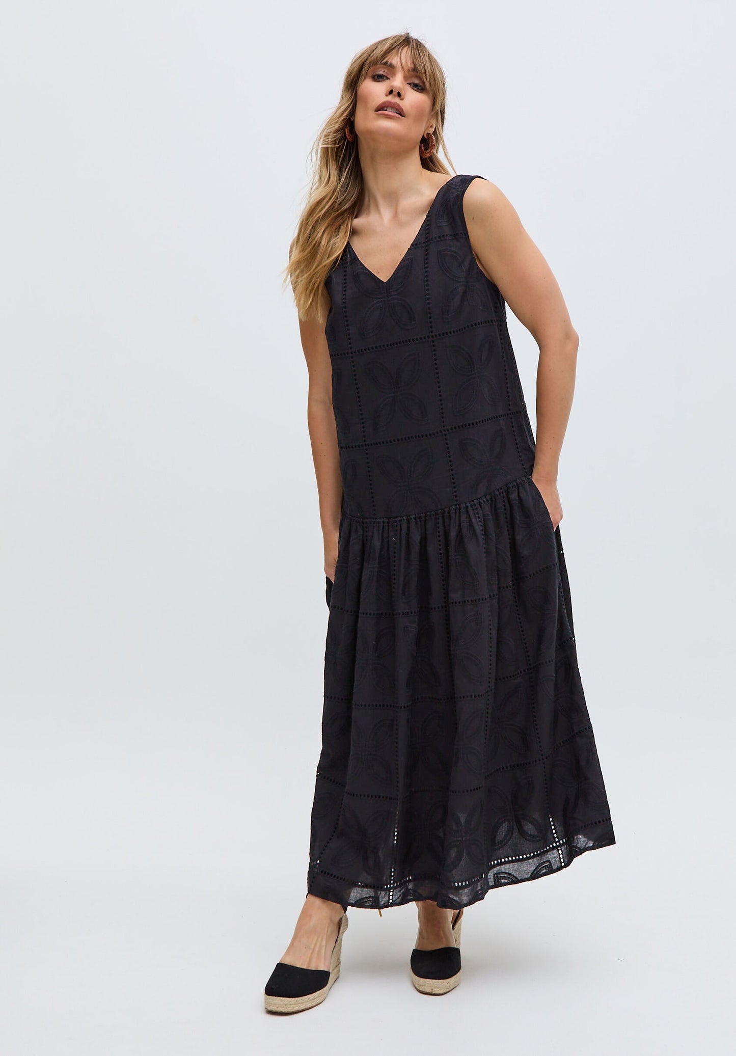 Squire All Over Cut Work Drop Waist Midi Dress In Black