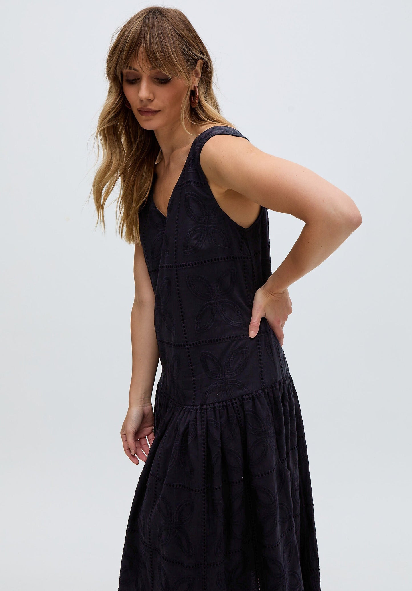 Squire All Over Cut Work Drop Waist Midi Dress In Black