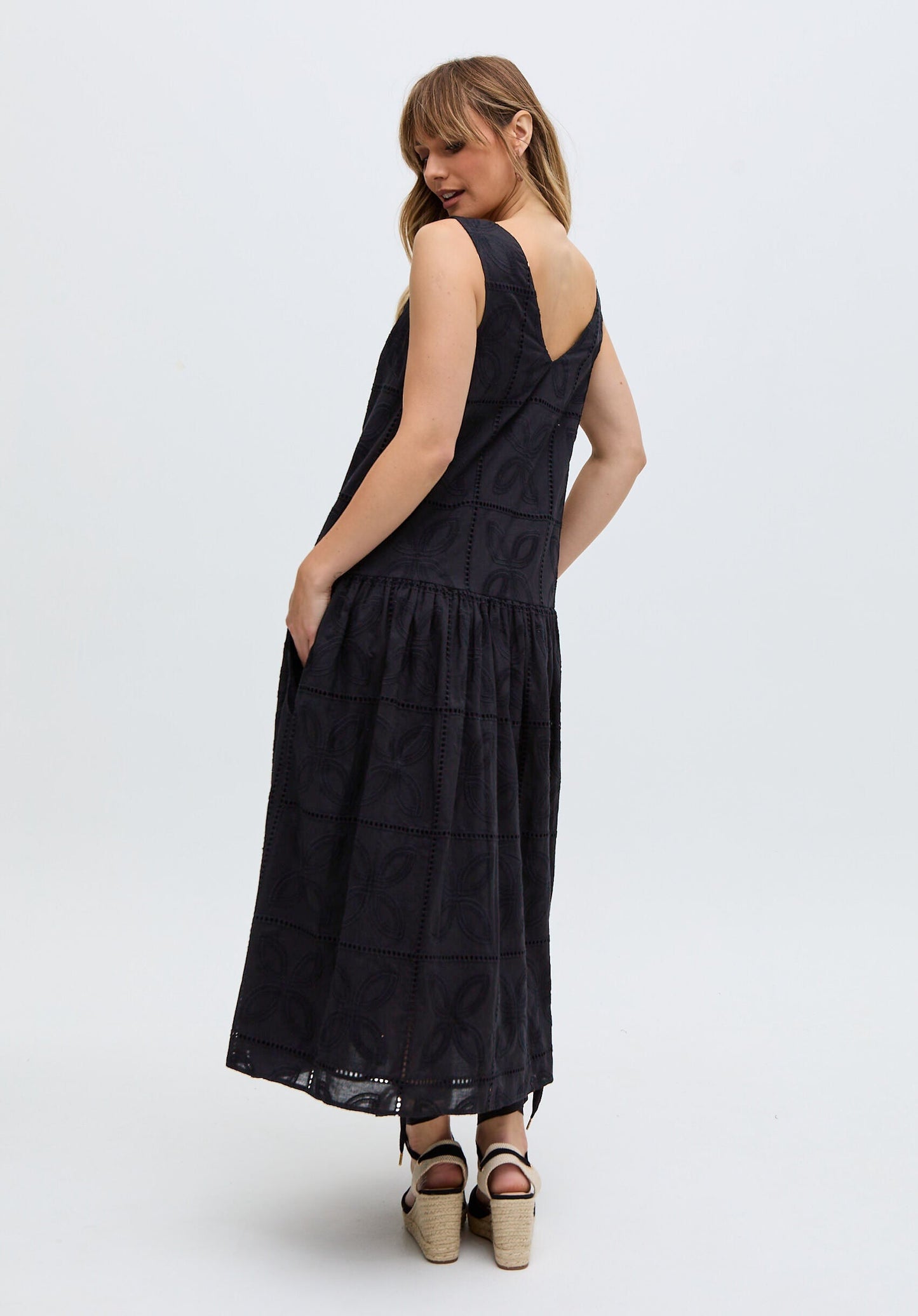 Squire All Over Cut Work Drop Waist Midi Dress In Black