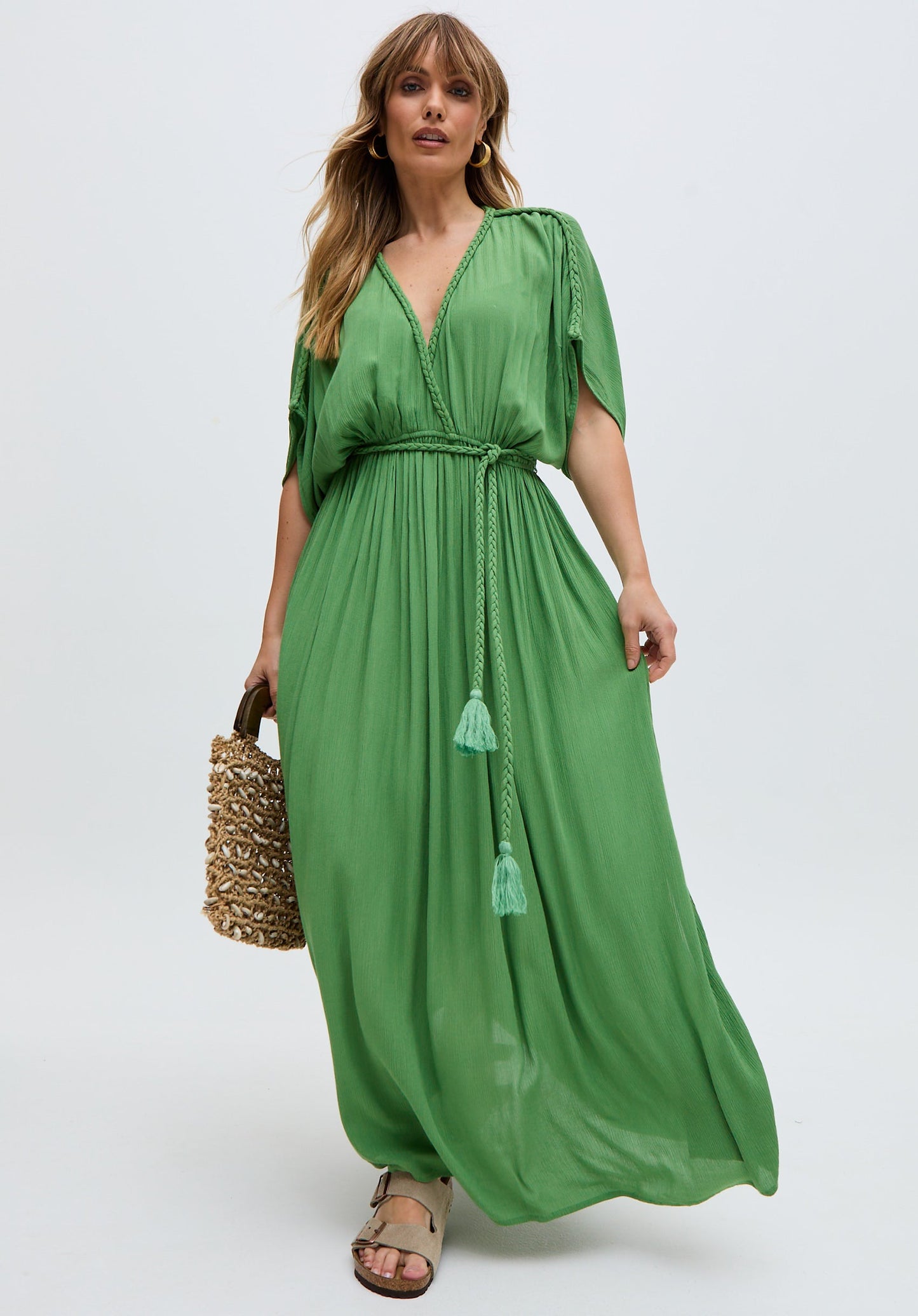 Diamond Plait Neck Maxi Dress In Green