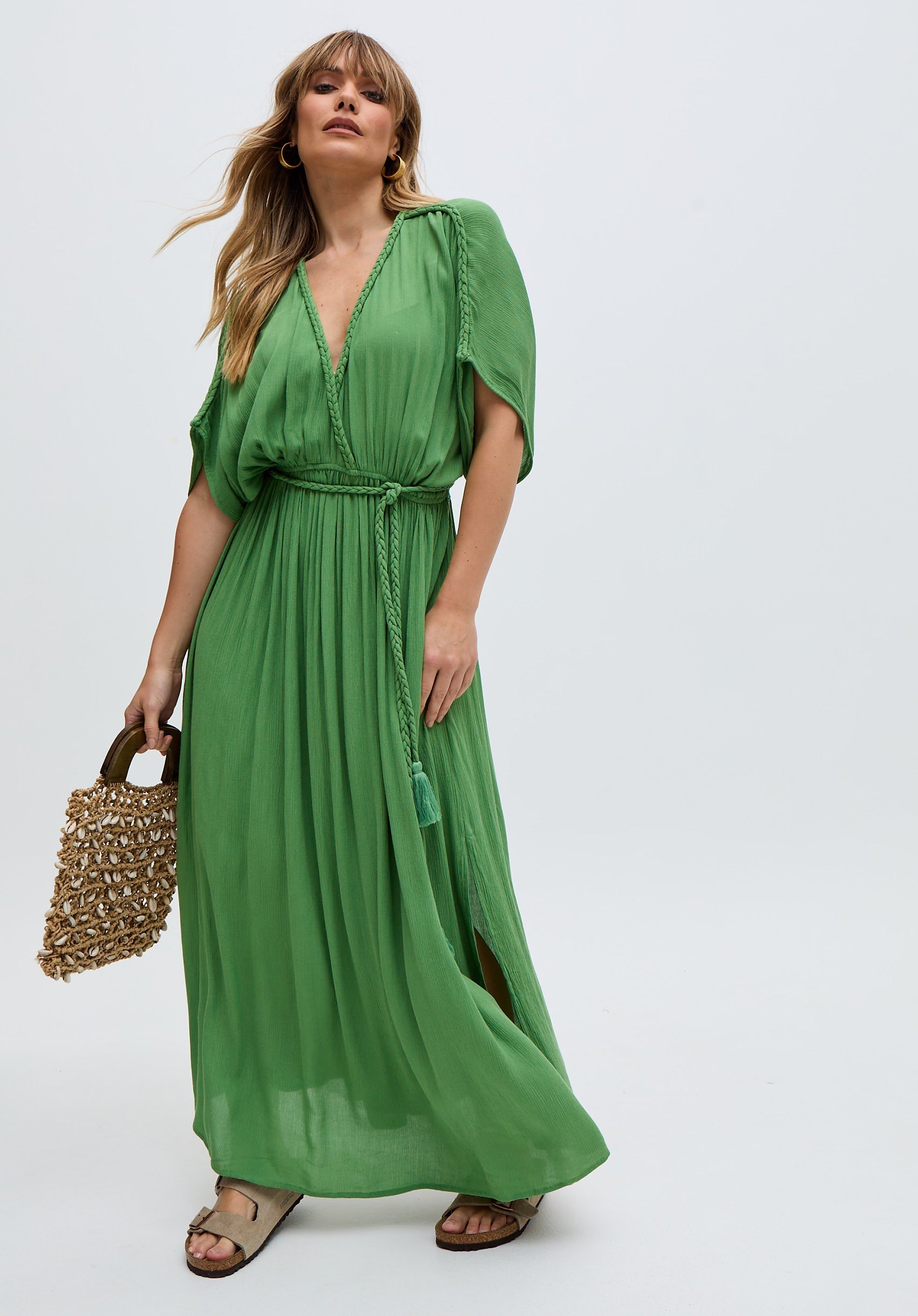 Diamond Plait Neck Maxi Dress In Green