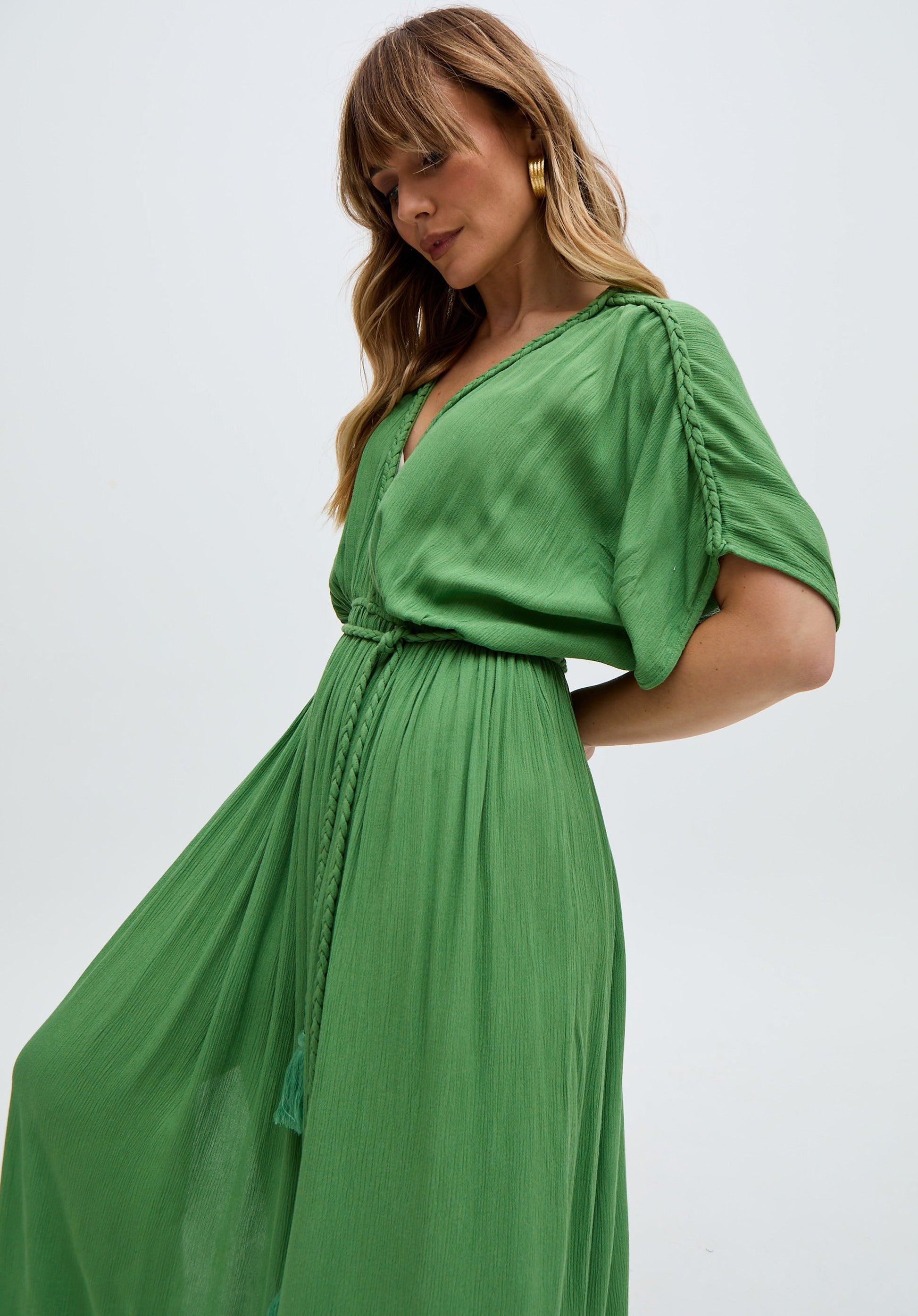 Diamond Plait Neck Maxi Dress In Green