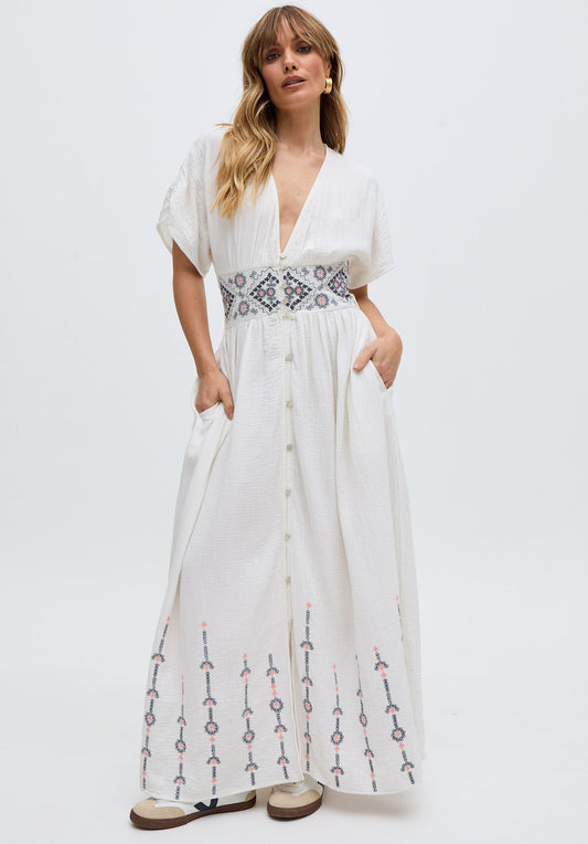 Sally Ann Button Down Embroidery Maxi Dress In White