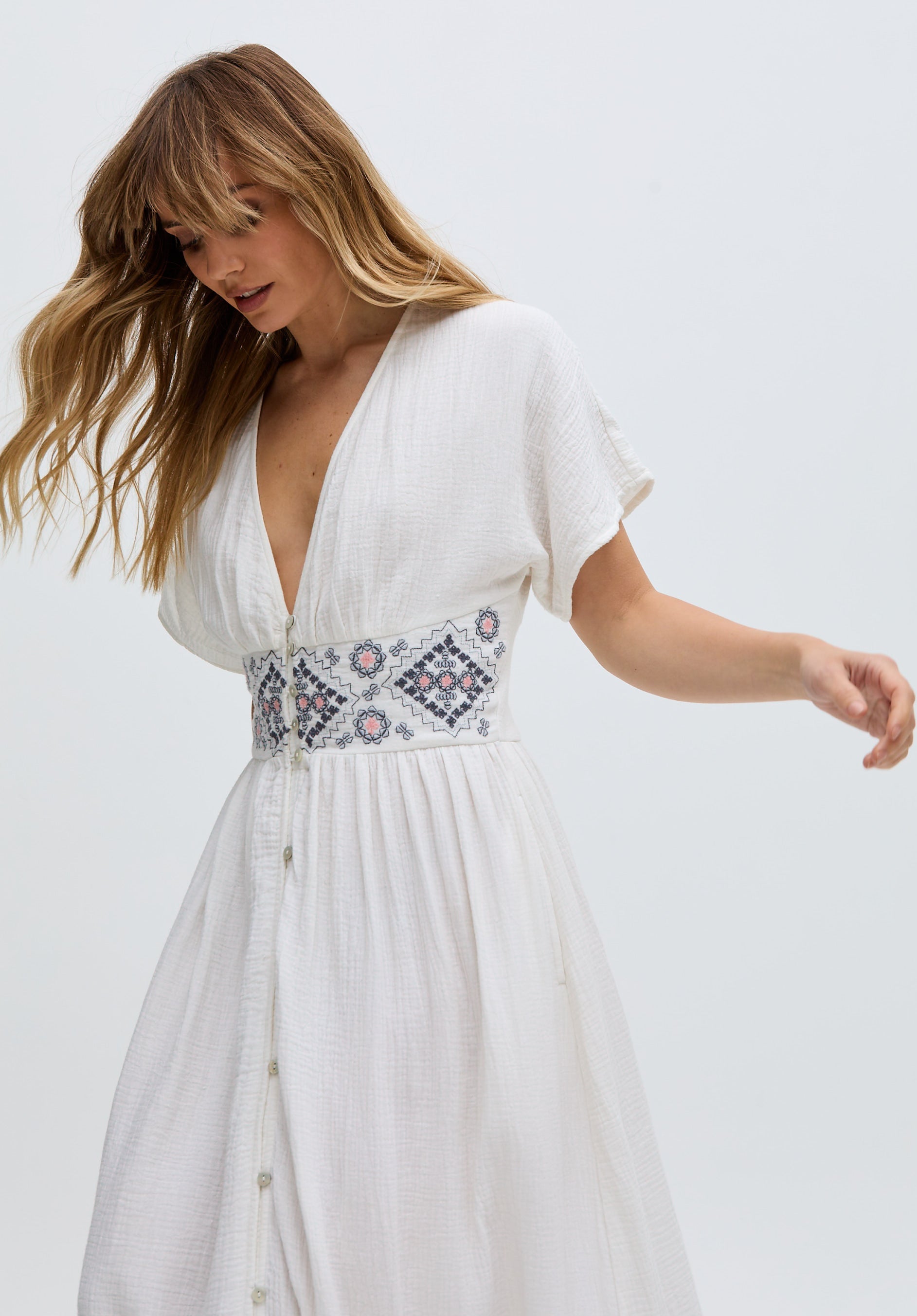Sally Ann Button Down Embroidery Maxi Dress In White
