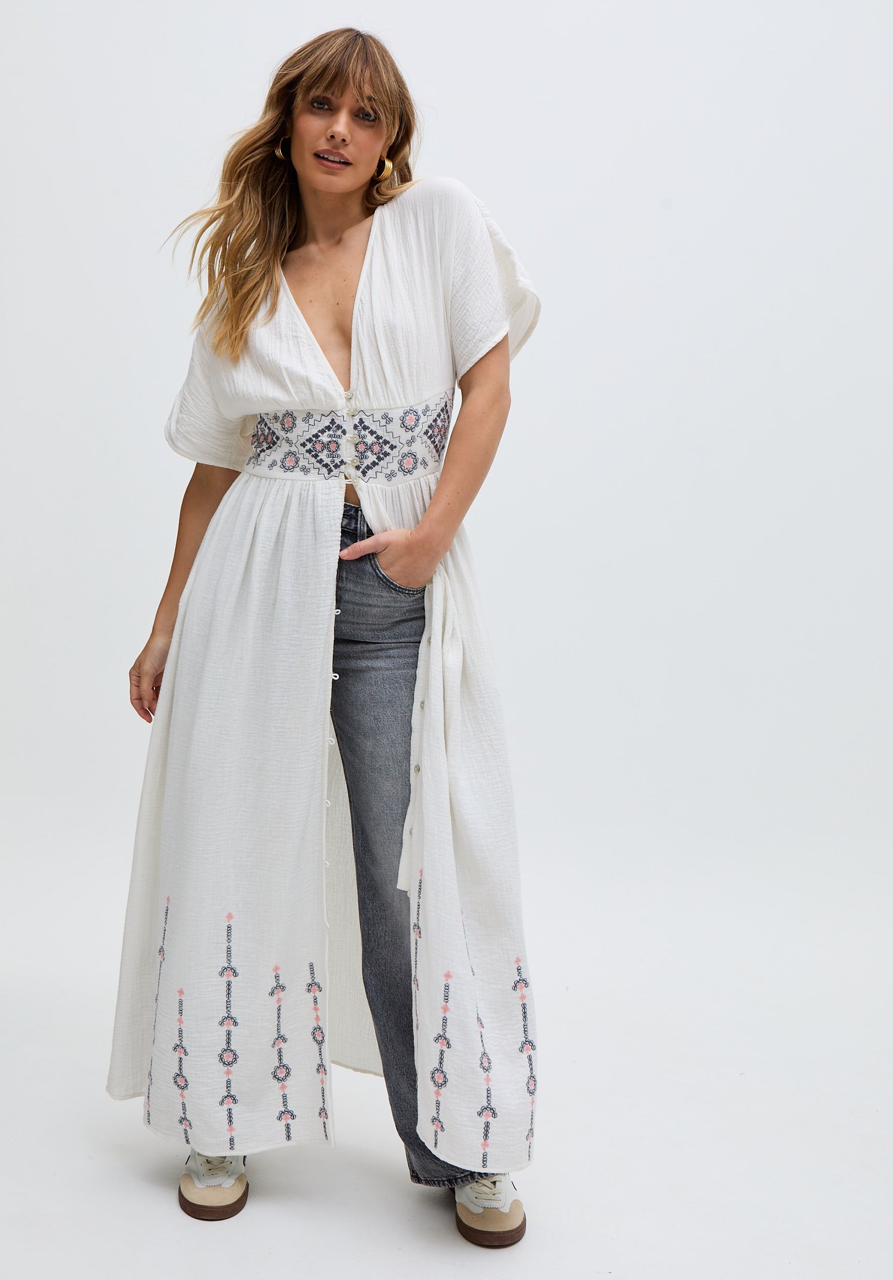 Sally Ann Button Down Embroidery Maxi Dress In White