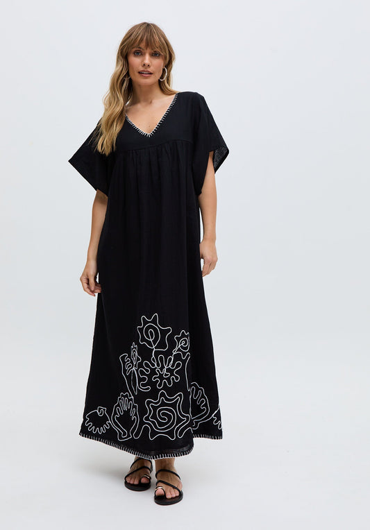 Candy Tabard Embroidered Hem Midi Dress In Black