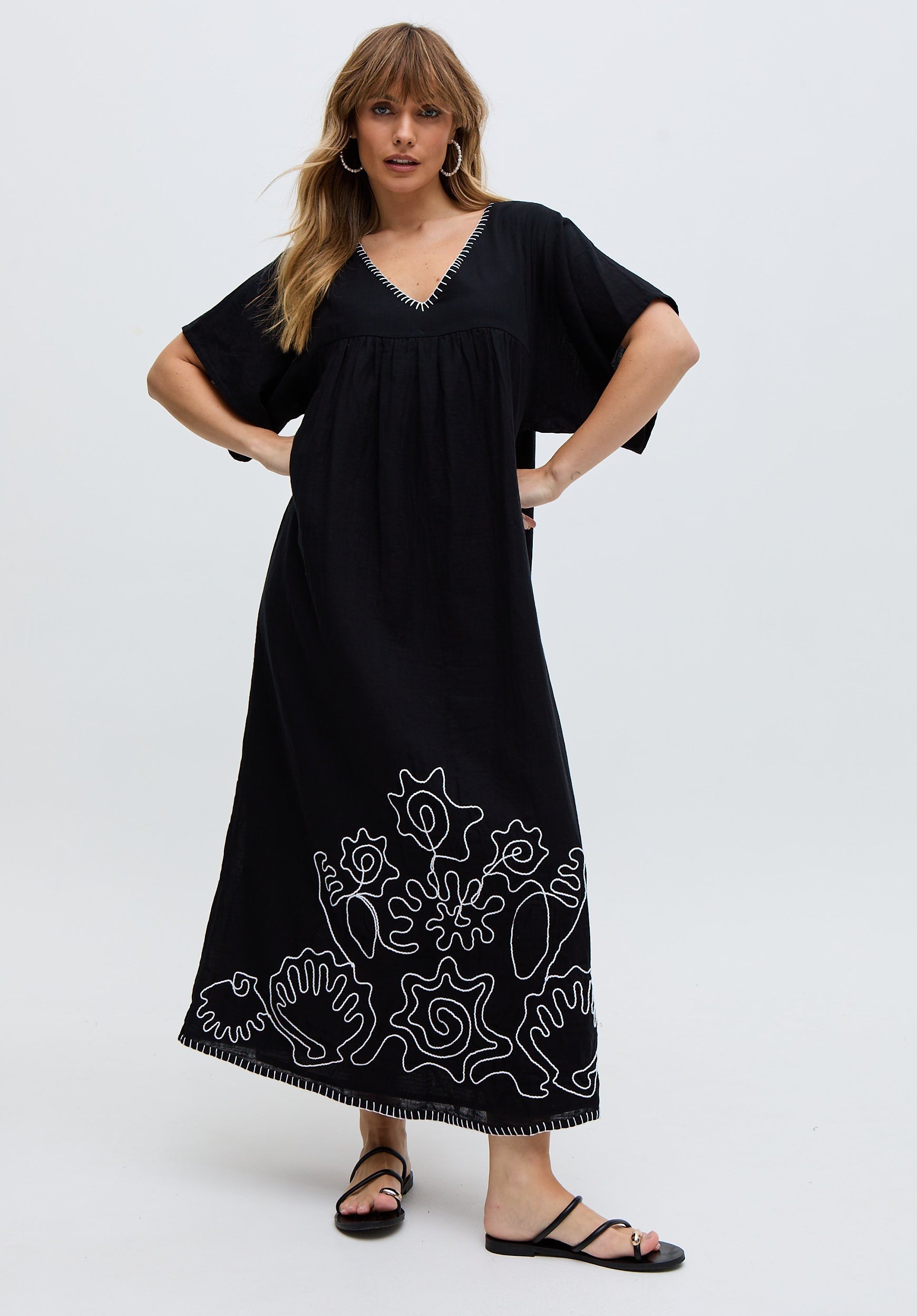 Candy Tabard Embroidered Hem Midi Dress In Black