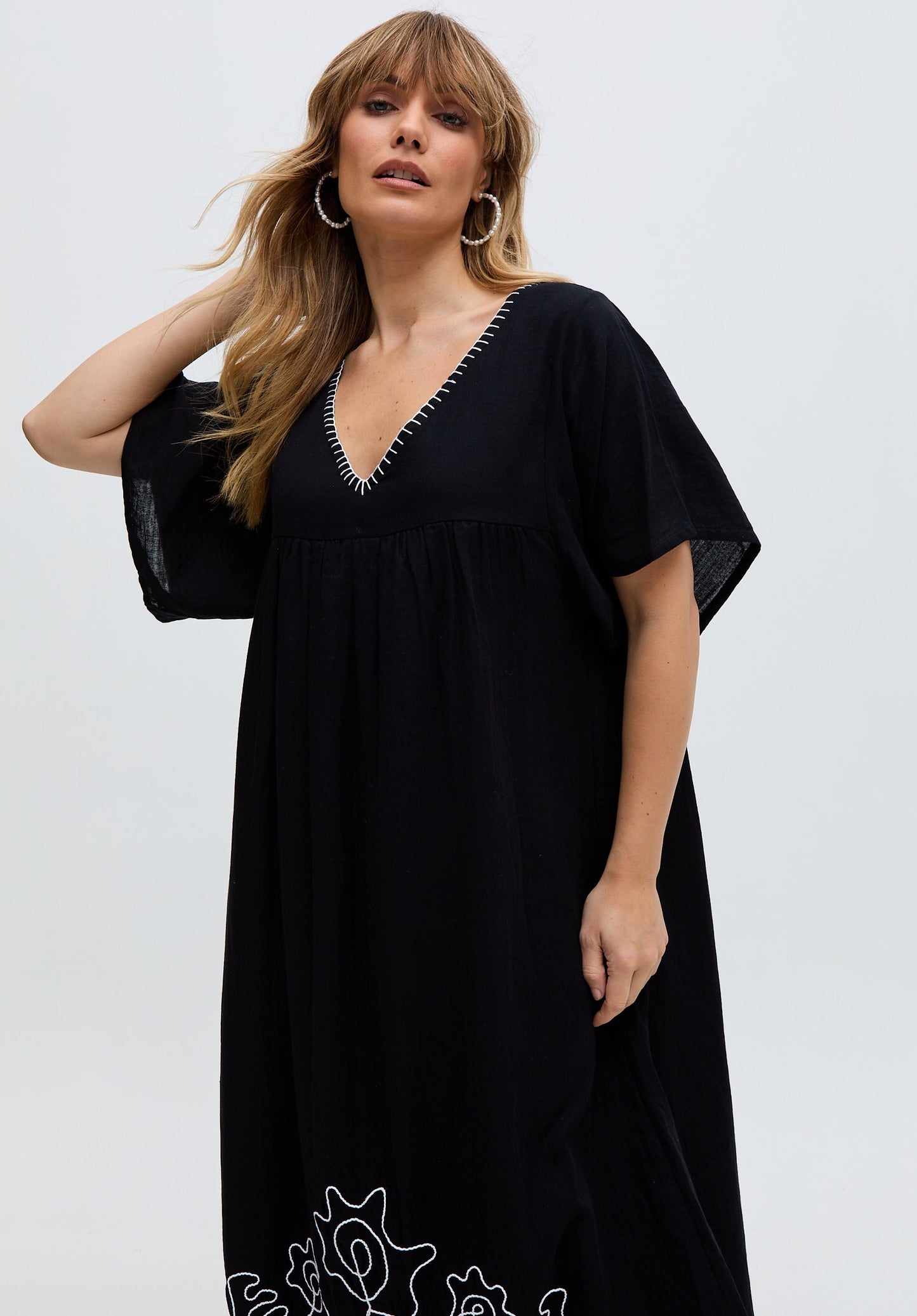 Candy Tabard Embroidered Hem Midi Dress In Black