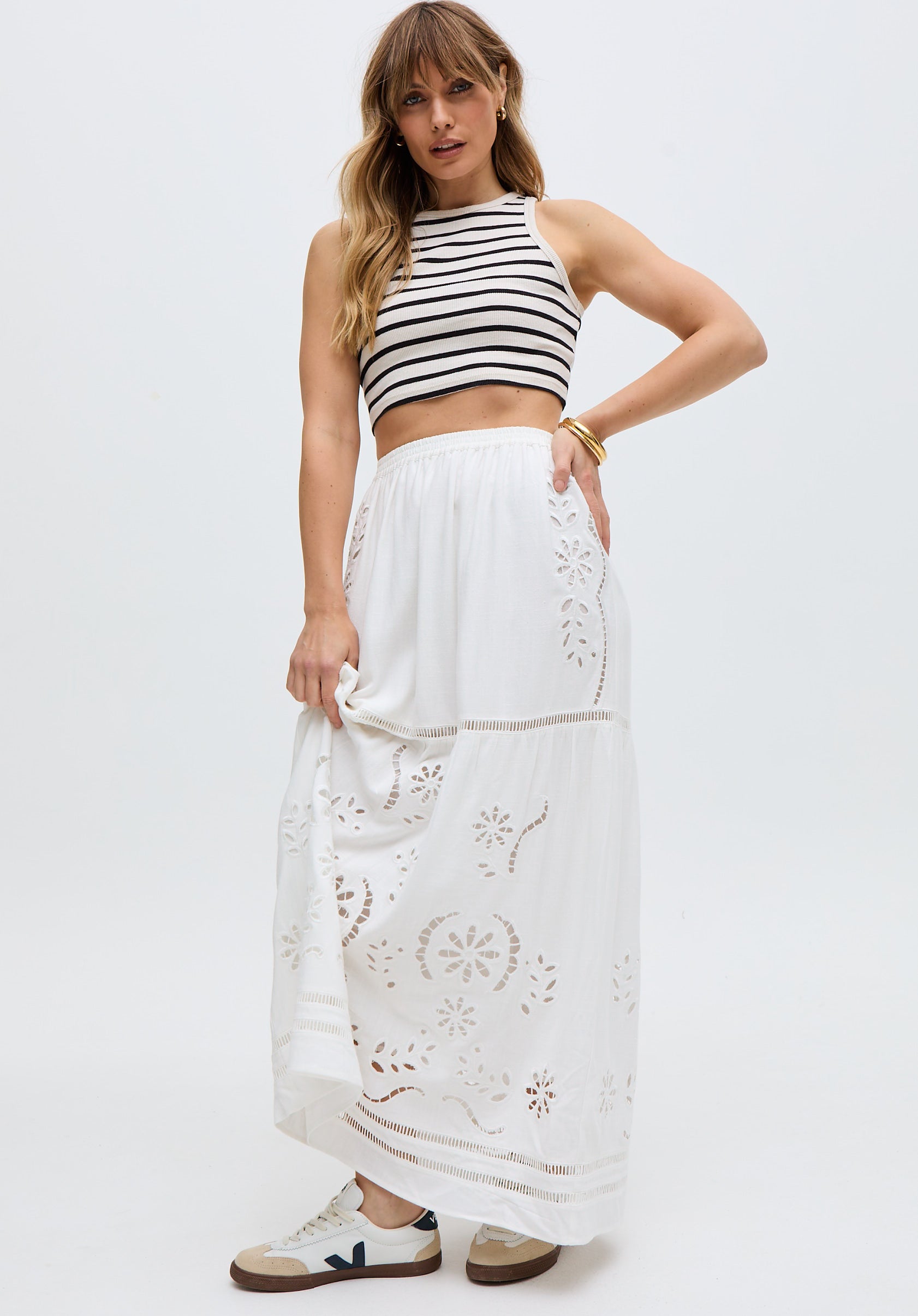 Georgina Lace Paneled Maxi Skirt In Whit