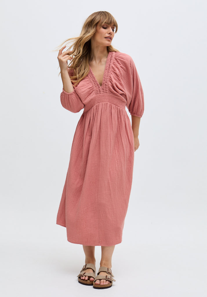Soipoi Ruched V-Neck Midi Dress In Pink - image 1