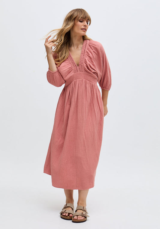 Soipoi Ruched V-Neck Midi Dress In Pink - image 1