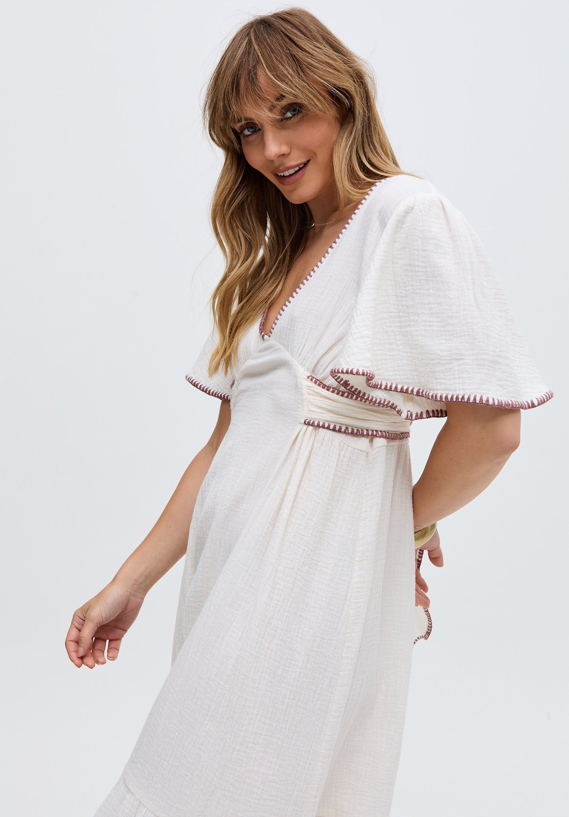 Delilah V-Neck Front Tie Midi Dress In White