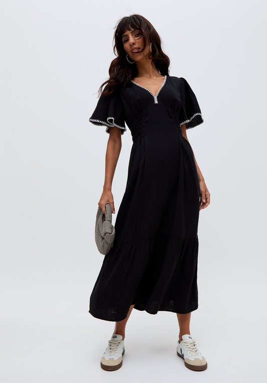 Delilah V-Neck Front Tie Midi Dress In Black
