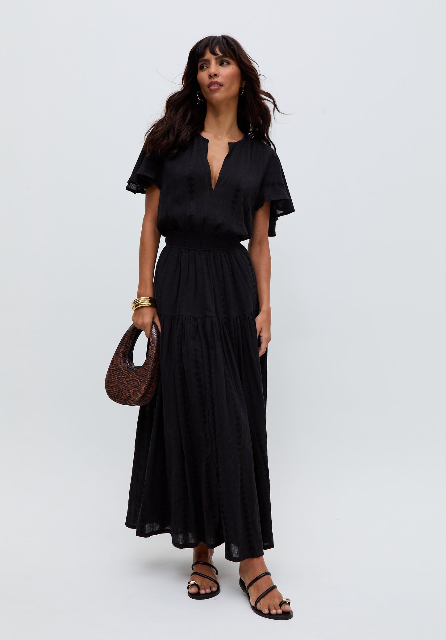 Candice Flutter Sleeve Jacquard Maxi Dress In Black