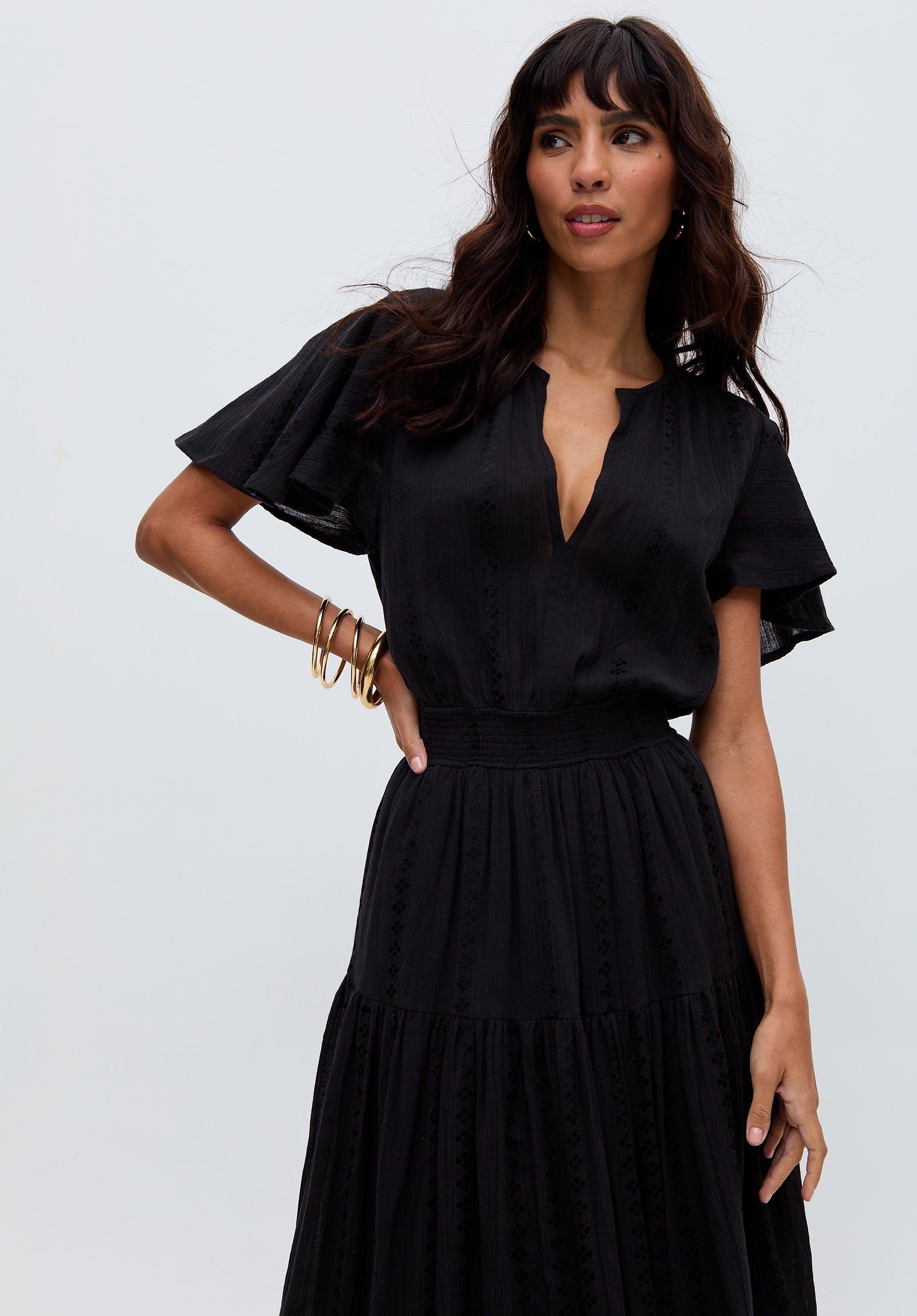 Candice Flutter Sleeve Jacquard Maxi Dress In Black