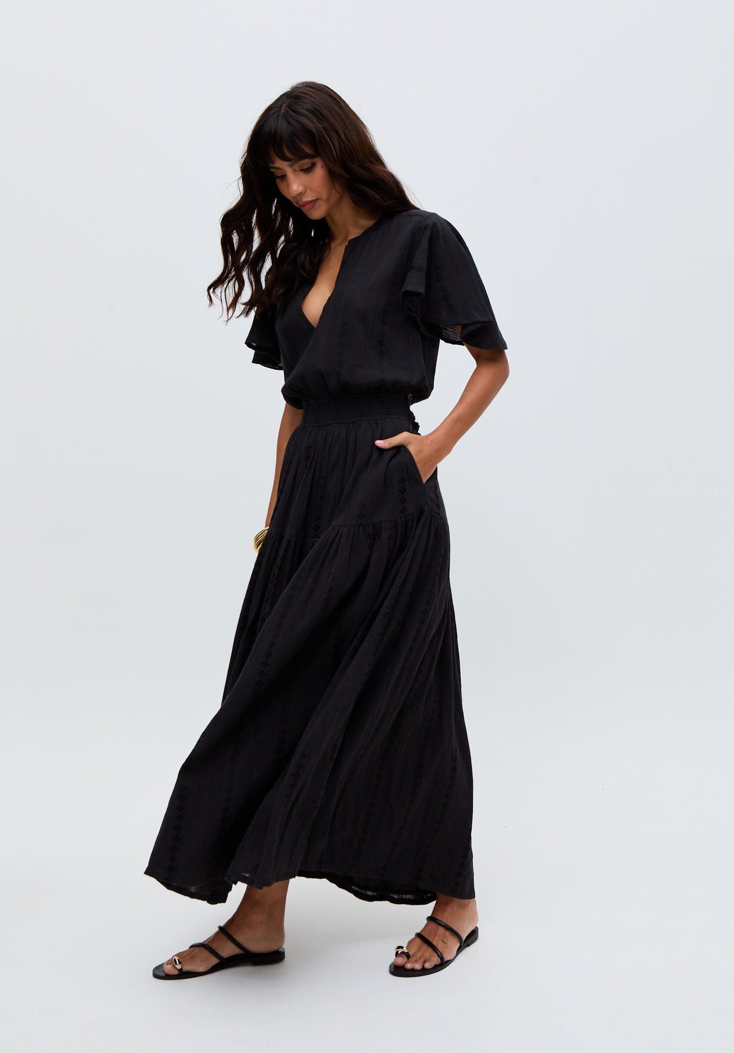 Candice Flutter Sleeve Jacquard Maxi Dress In Black