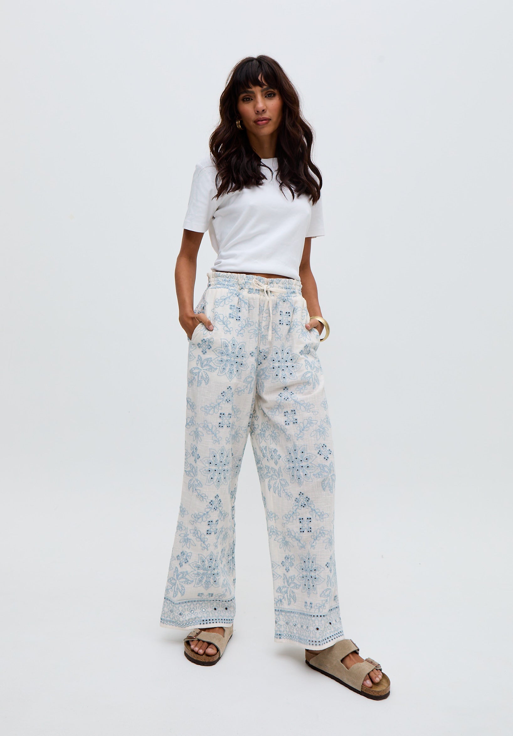 Cherice Wide leg All Over Embroidered Trouser In White