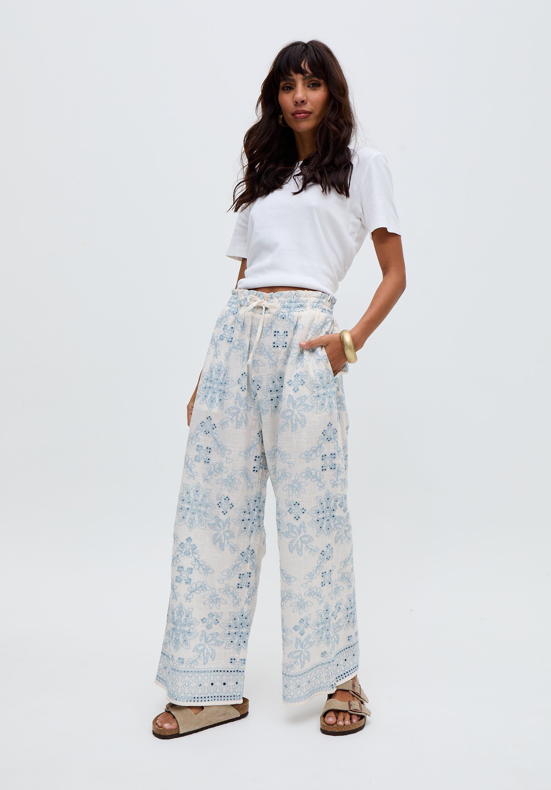Cherice Wide leg All Over Embroidered Trouser In White
