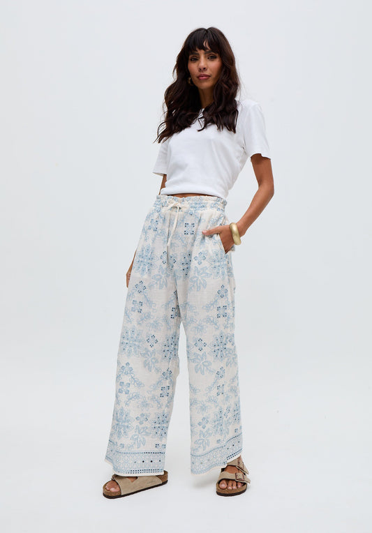 Cherice Wide leg All Over Embroidered Trouser In White