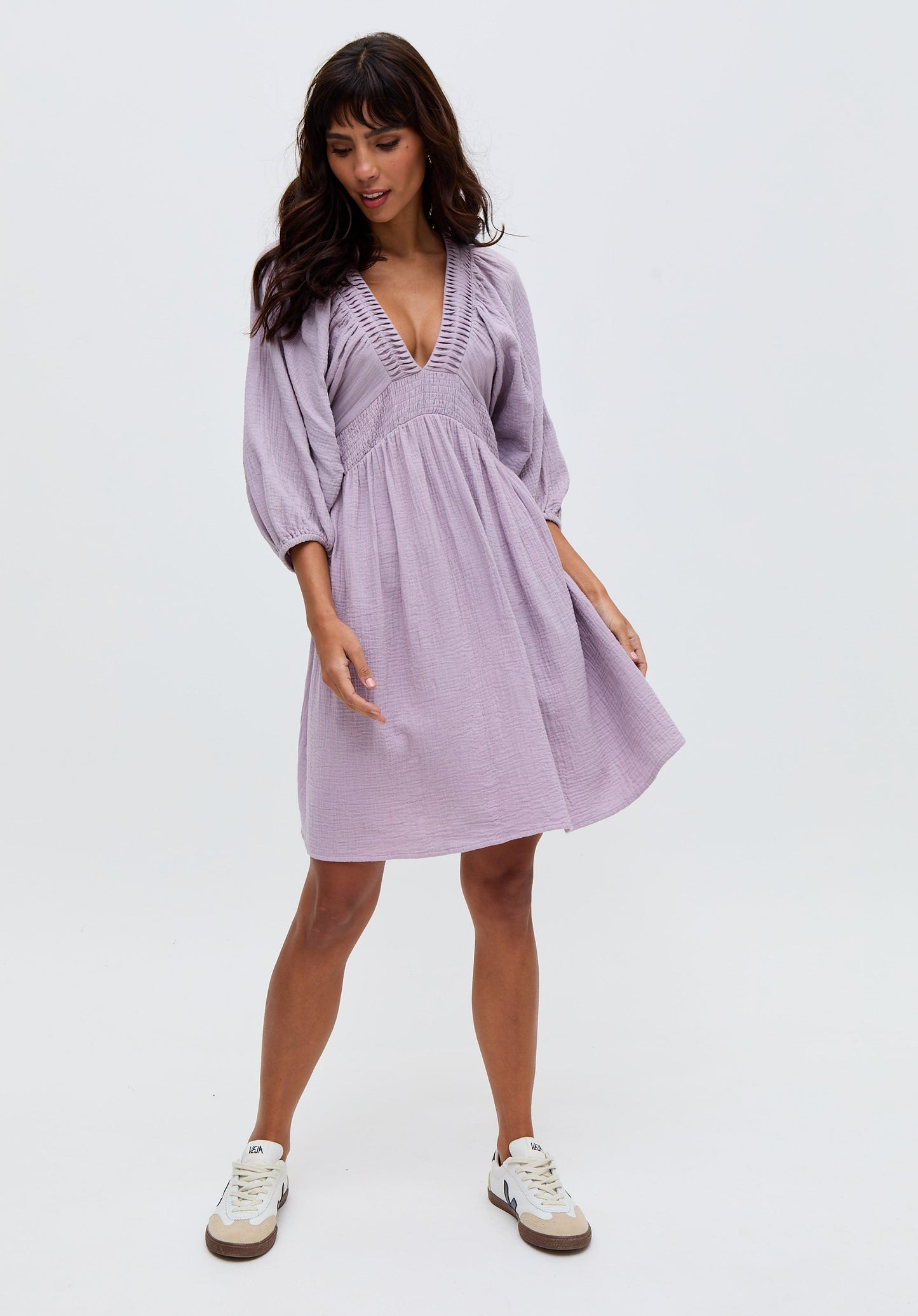 Soipoi Ruched V-Neck Mini Dress In Purple