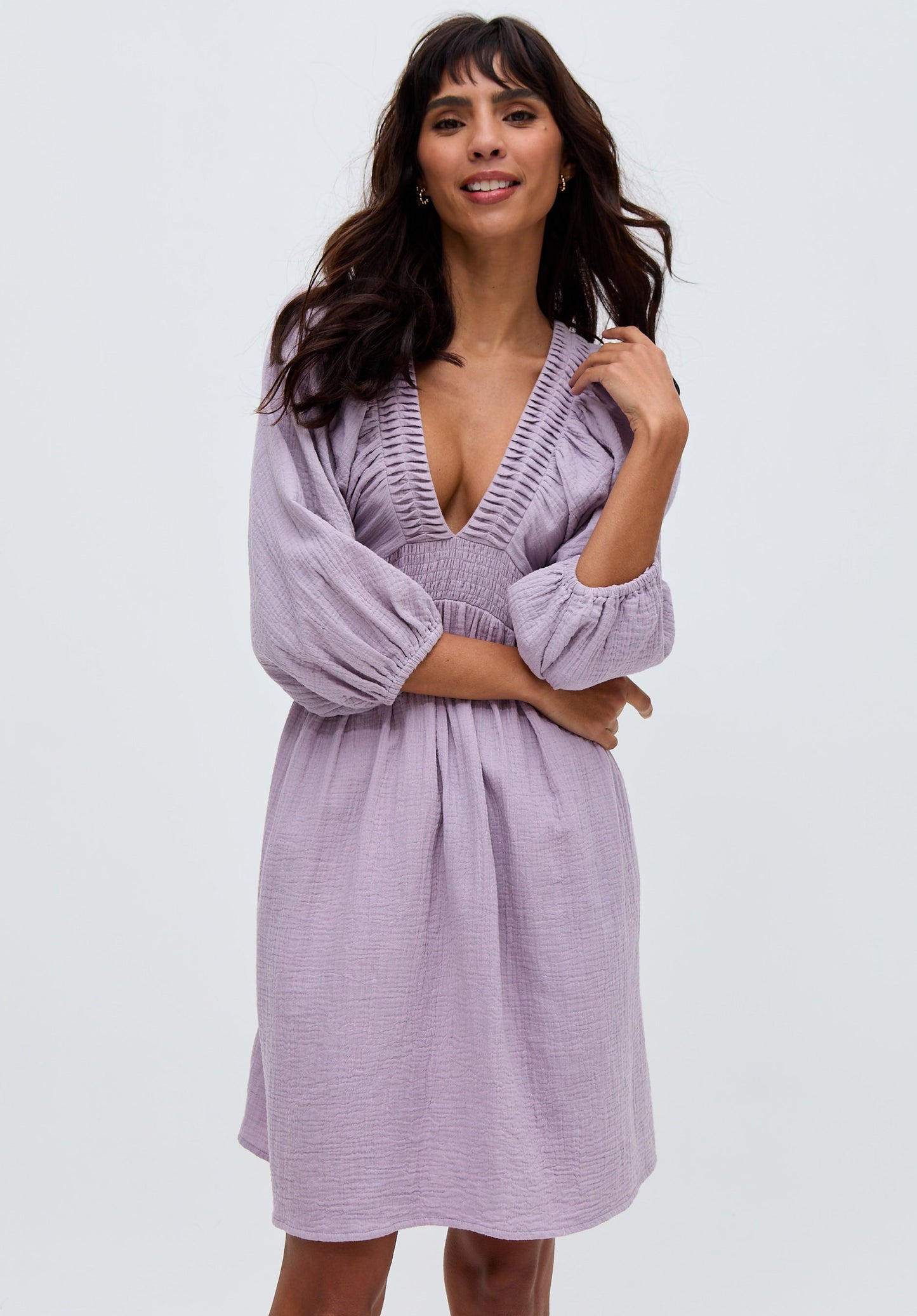 Soipoi Ruched V-Neck Mini Dress In Purple
