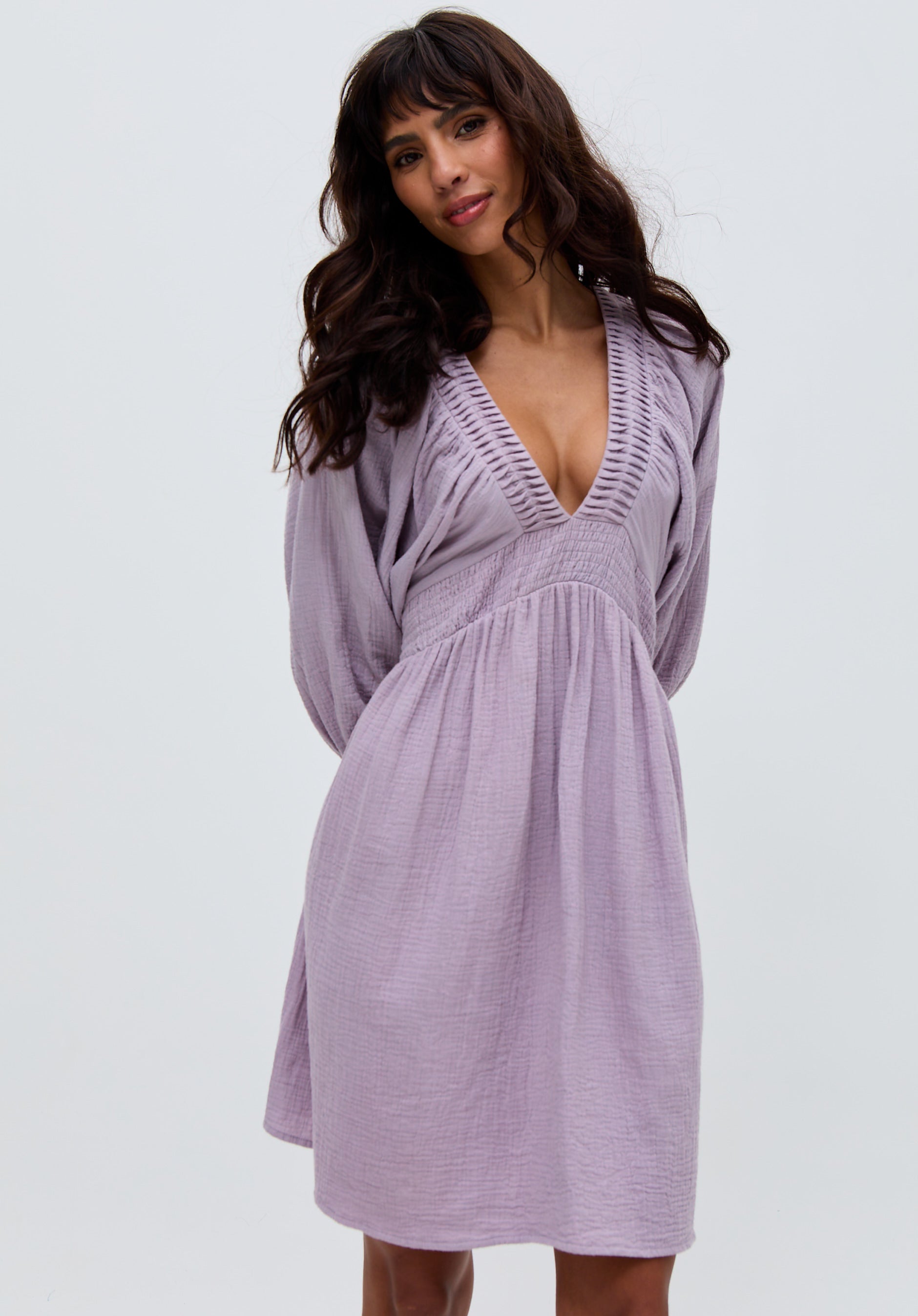 Soipoi Ruched V-Neck Mini Dress In Purple