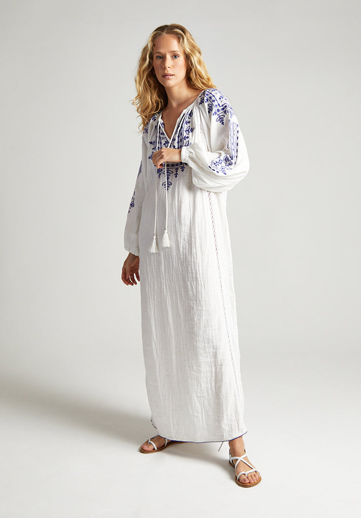 Aurelia Maxi Dress With Blue Embroidery