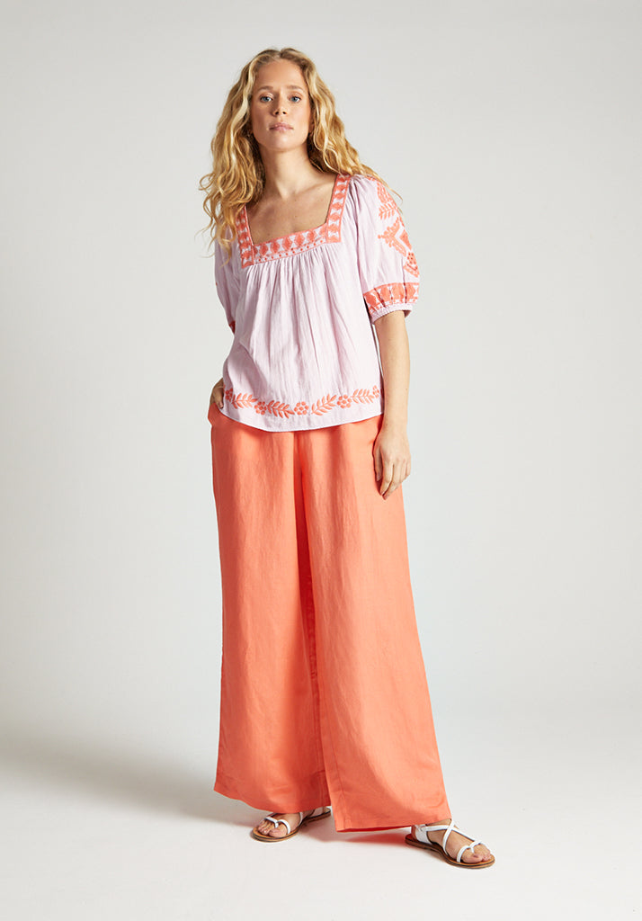 Clara Blouse in Lilac With Orange Embroidery