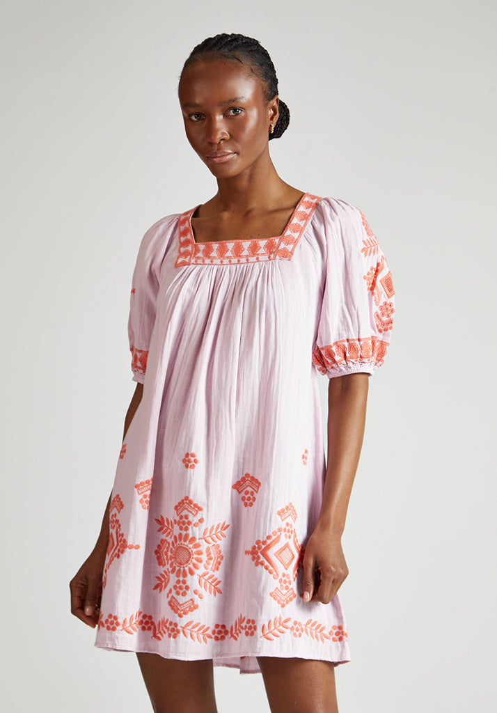 Clara Dress in Lilac With Orange Embroidery