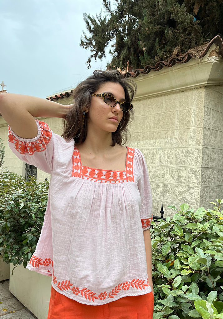 Clara Blouse in Lilac With Orange Embroidery