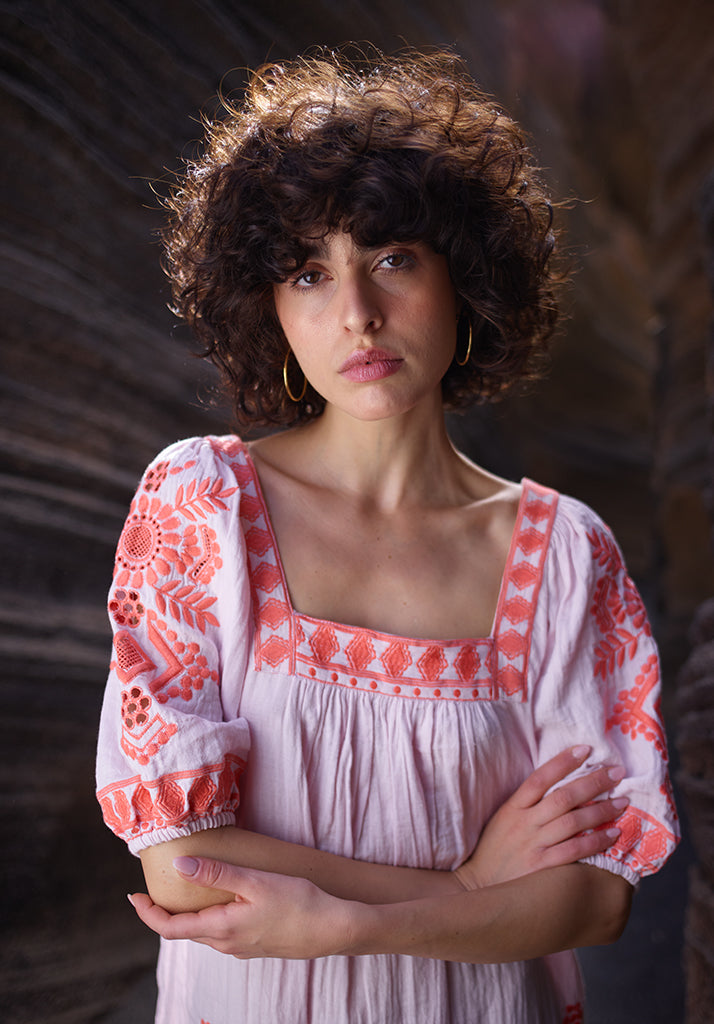 Clara Blouse in Lilac With Orange Embroidery