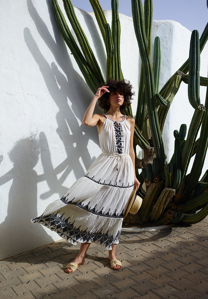 Mia Maxi tiered Dress in White With Black Embroidery