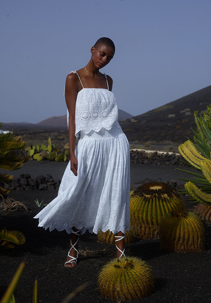 Mirella white skirt with ruching and embroidery