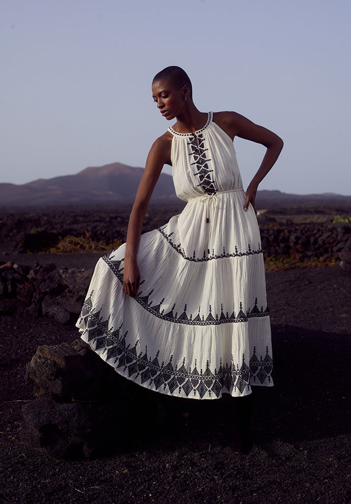 Mia Maxi tiered Dress in White With Black Embroidery