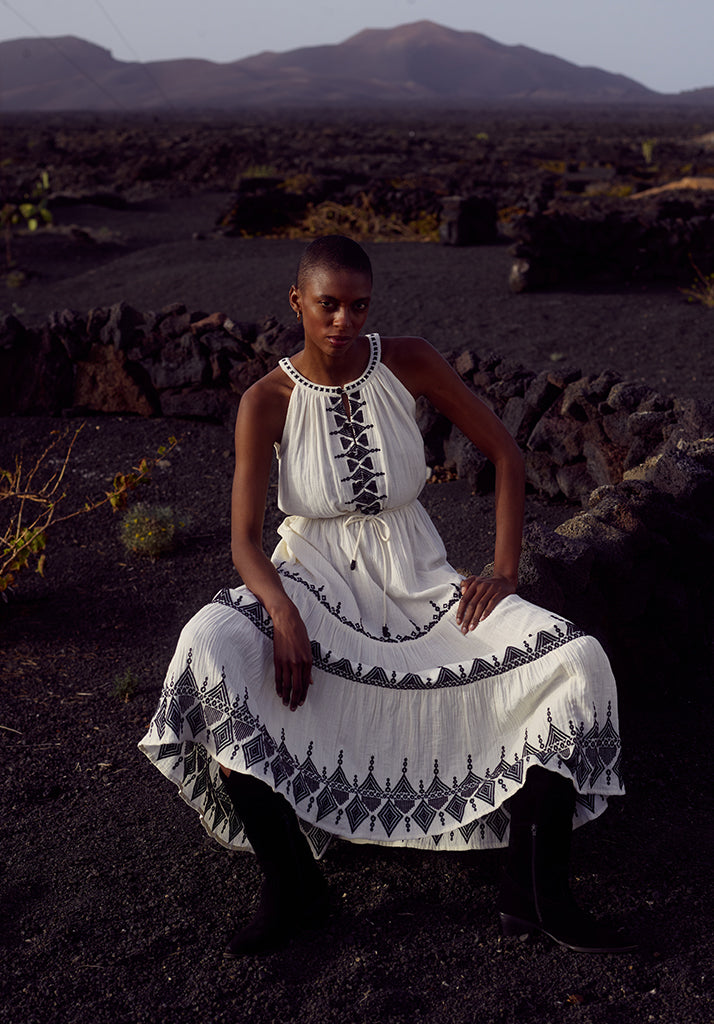 Mia Maxi tiered Dress in White With Black Embroidery