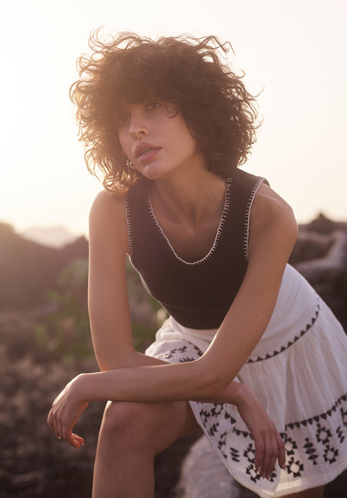 Estella skirt in white with black embroidery