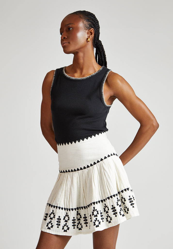 Estella skirt in white with black embroidery