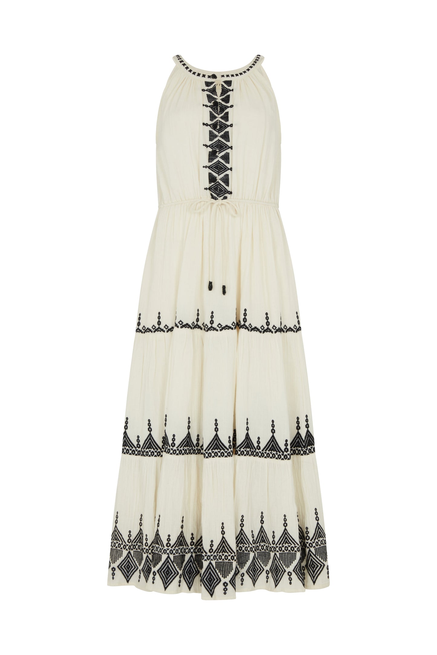 Mia Maxi tiered Dress in White With Black Embroidery