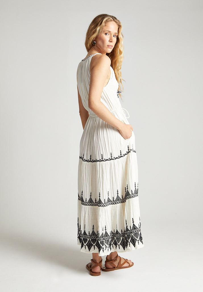 Mia Maxi tiered Dress in White With Black Embroidery