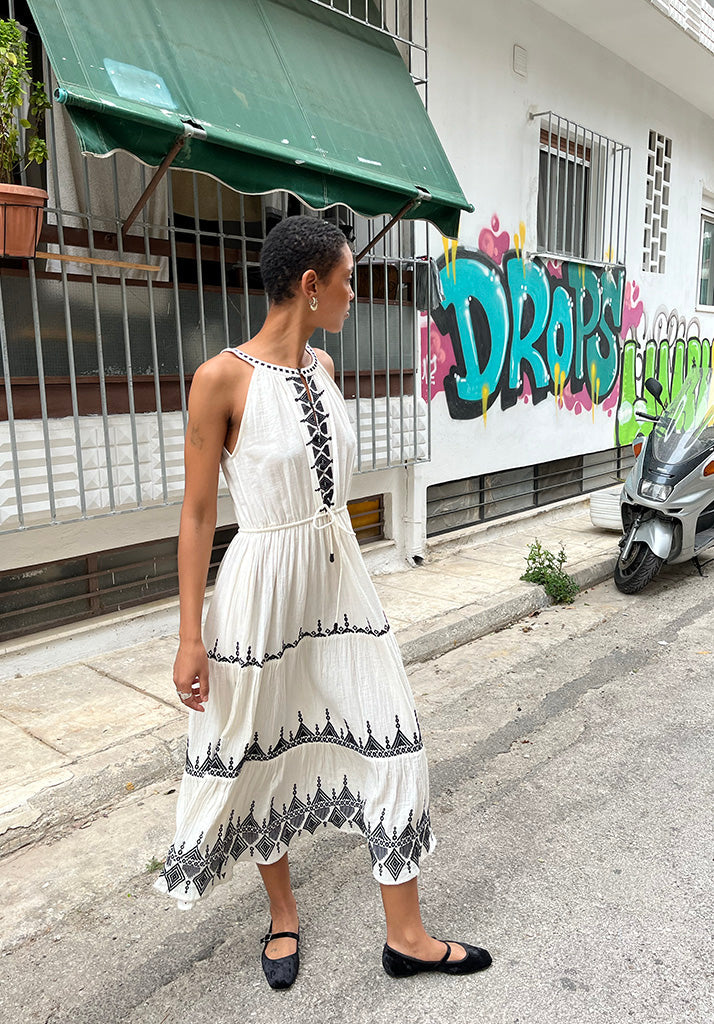 Mia Maxi tiered Dress in White With Black Embroidery